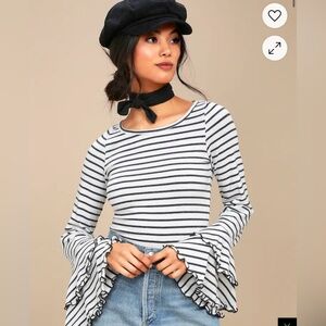 We The Free Black and White Striped Flare Sleeve Blouse